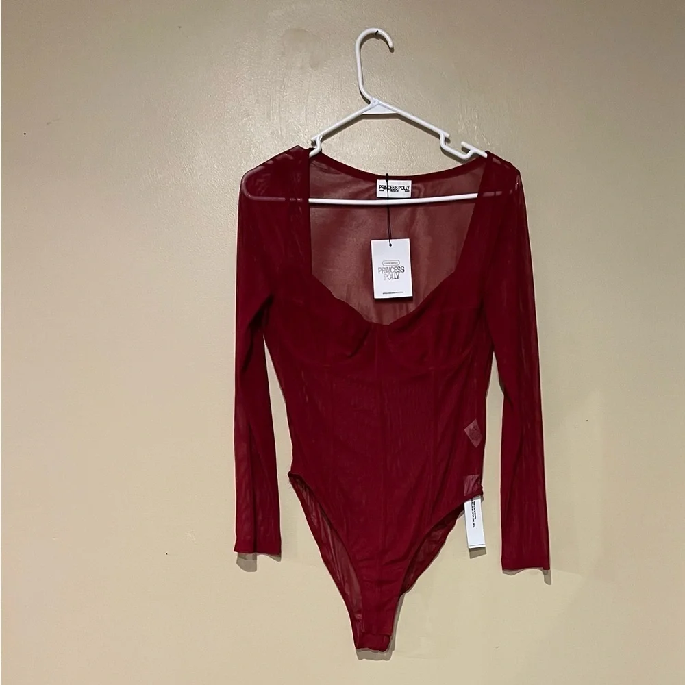 Princess Polly Leonie Mesh Bodysuit Burgundy Sz US 10Sheer Underwire Long Sleeve - Picture 5 of 13